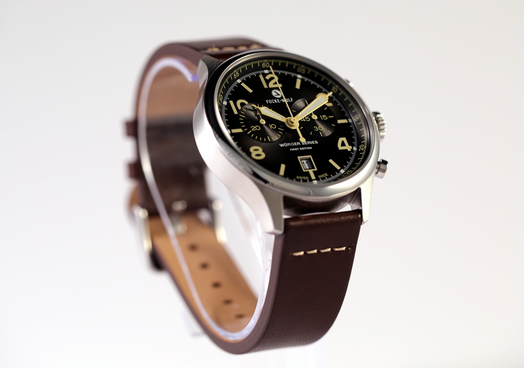 Focke Wulf Würger series chronograph on a stand facing up on a white background