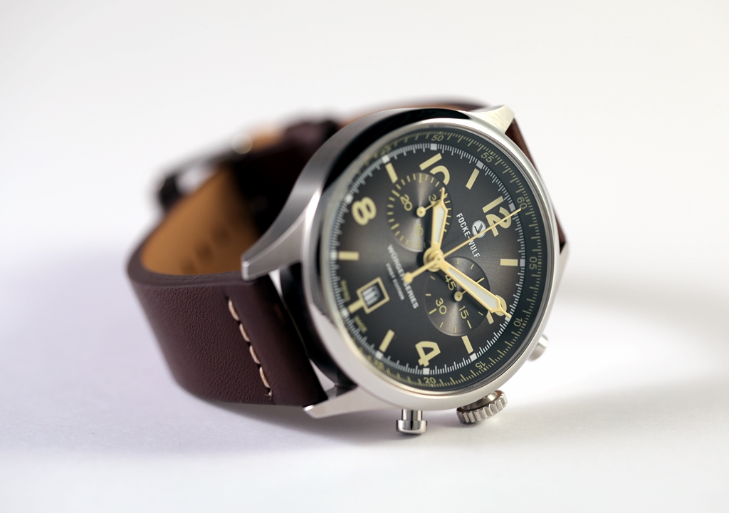 Focke Wulf 190 Chronograph Watch on its side on a white background
